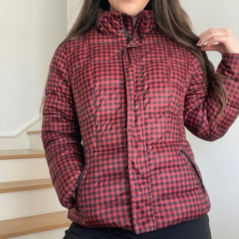 Talbots Down Filled Buffalo Check Plaid Red Black Puffer Jacket Coat Size MP
